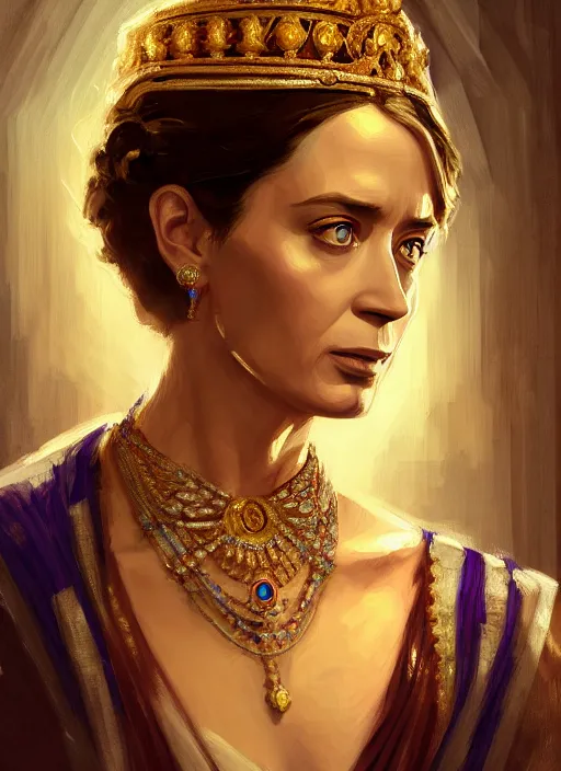 Image similar to portrait of emily blunt as indian queen, jewelry, greek, sapphire, victorian age, 1 8 9 0, intricate, headshot, key visual, conceptart, ambient lighting, highly detailed, digital painting, artstation, concept art, sharp focus, by makoto shinkai and akihiko yoshida and greg manchess