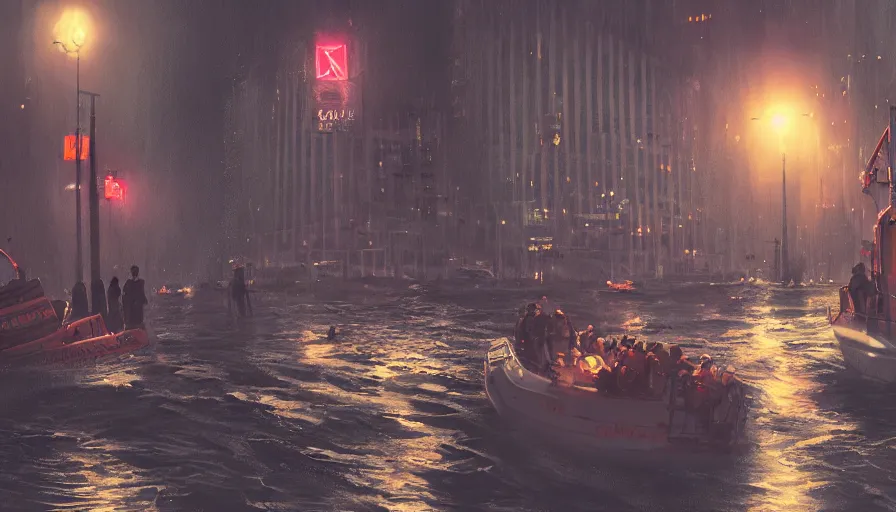 Image similar to lifeboat rescuing people while crossing new york streets after tsunami at night, hyperdetailed, artstation, cgsociety, 8 k