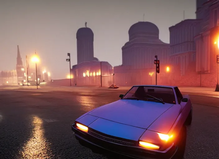 Prompt: hyperrealistic matte painting of gta game in moscow, 1 9 9 0, playstation 5 screenshot, mega details, dark night, orange lights, heavy rain, fog, beautiful rtx reflections, soviet suburbs, photorealistic, unreal engine 5, octane render, volumetric light, cg society, 4 k, 5 0 mm bokeh, russian lada car, artstation