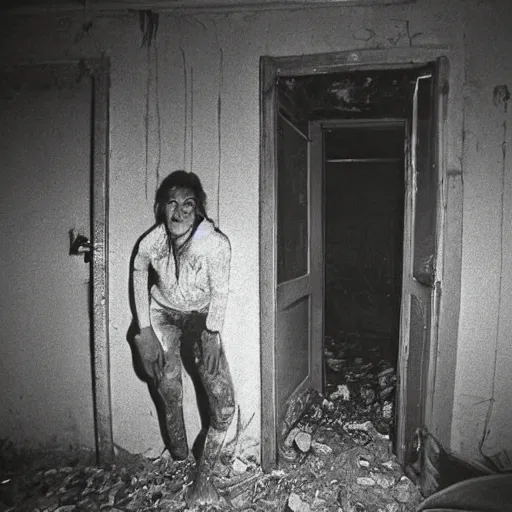 Prompt: in an abandoned house a slimy creature with veins and slime, photograph from 1 9 8 3 with amateur flash