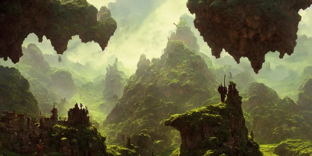 Image similar to towns, villages castles, buildings bytopia planescape huge cave ceiling clouds made of green earth inverted upsidedown mountain artstation illustration sharp focus sunlit vista painted by ruan jia raymond swanland lawrence alma tadema zdzislaw beksinski norman rockwell tom lovell alex malveda greg staples