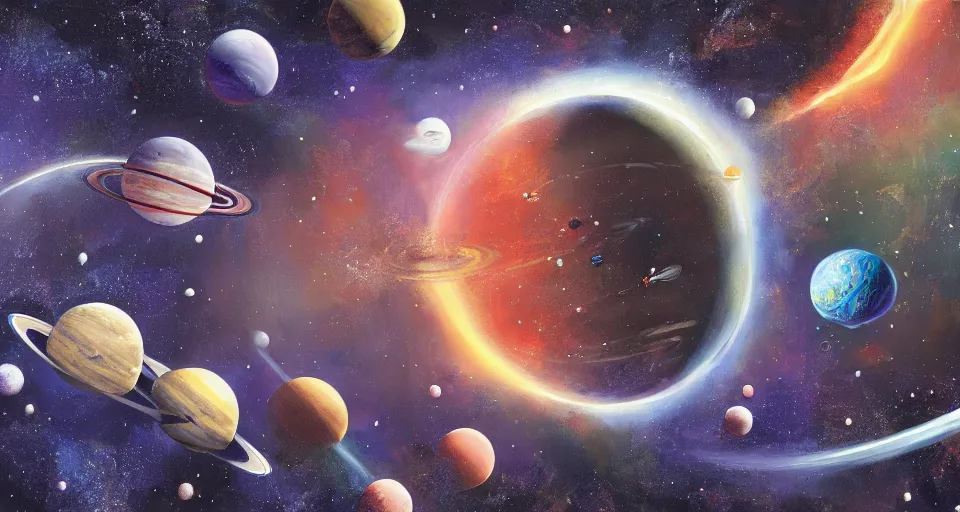 Image similar to A beautiful artwork illustration, an outer space exhibit cluttered with planets, featured on artstation, wide angle, horizontal orientation