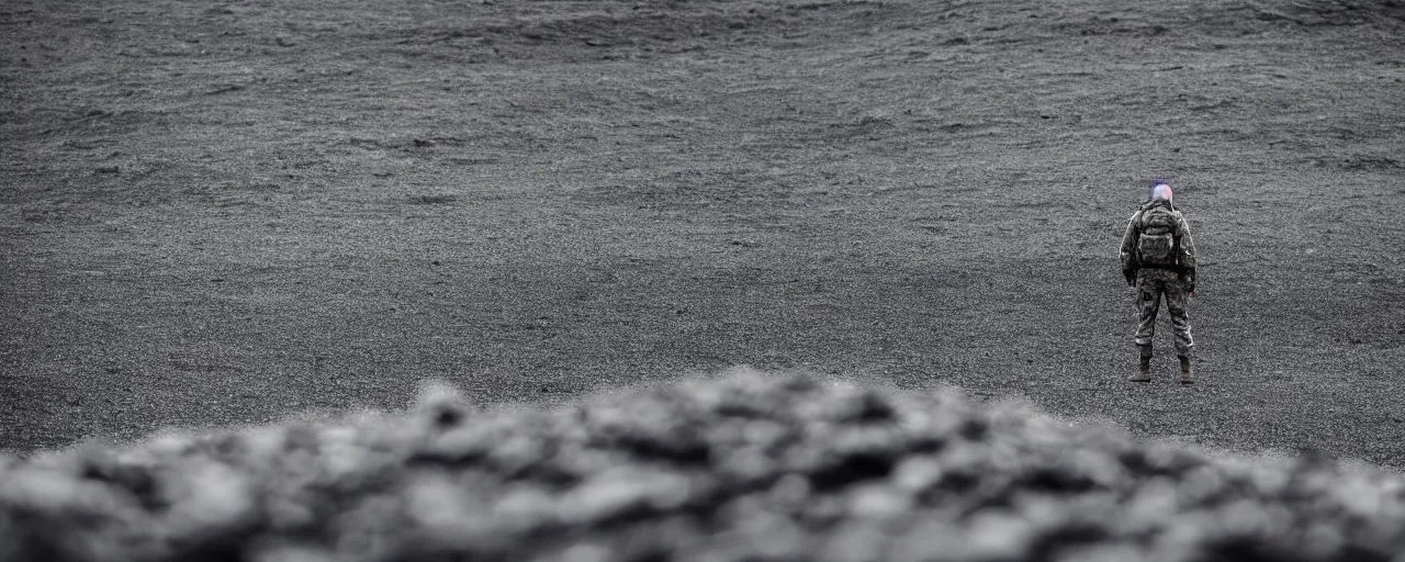 Image similar to low angle cinematic shot of lone futuristic soldier in the middle of an endless black sand beach in iceland, iceberg, 2 8 mm