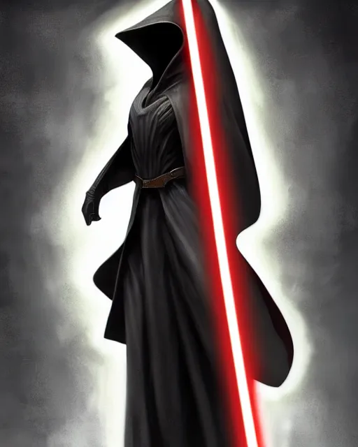 Image similar to half body shot, beautiful woman dark lord of the sith wearing a hooded jedi cloak, standing in deathstar hallway, rim light, volumetric lighting, digital painting, artstation, concept art, smooth, sharp focus, illustration, art by arney freytag, glamour pose, greg rutkowski, soft ambient lighting, particle effects