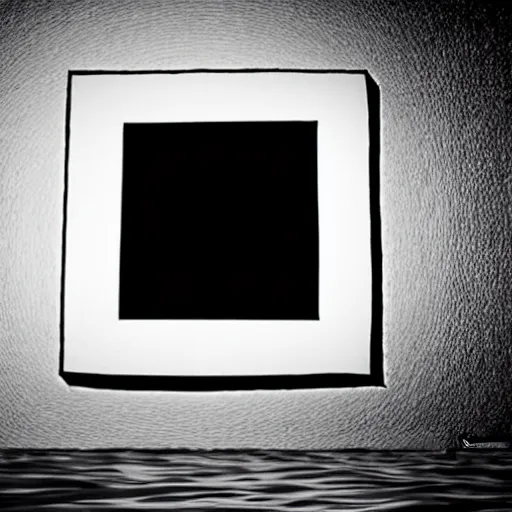 Image similar to a realistic charcoal drawing of a black square floating over the ocean in the style of Marco Tirelli