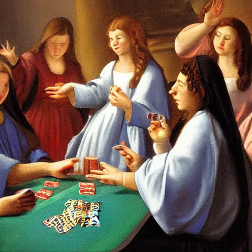 Prompt: Angelic choir playing poker painting by Gaudenzio Ferrari