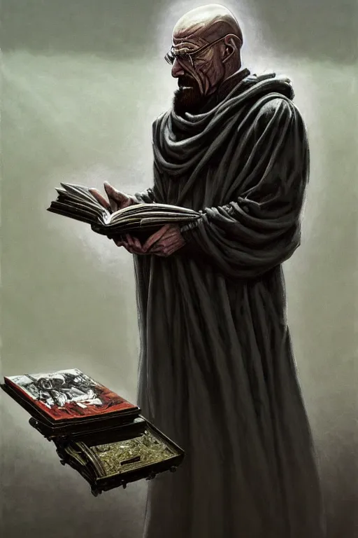 Image similar to painting of walter white as a cloaked tech priest holding a book, adeptus mechanicus!, cybernetic enhancements attached to his body, praise the omnissaiah, zdzislaw beksinski, lewis jones, mattias adolfsson, warhammer 4 0 k!!, cold hue's, warm tone gradient background, concept art, digital painting