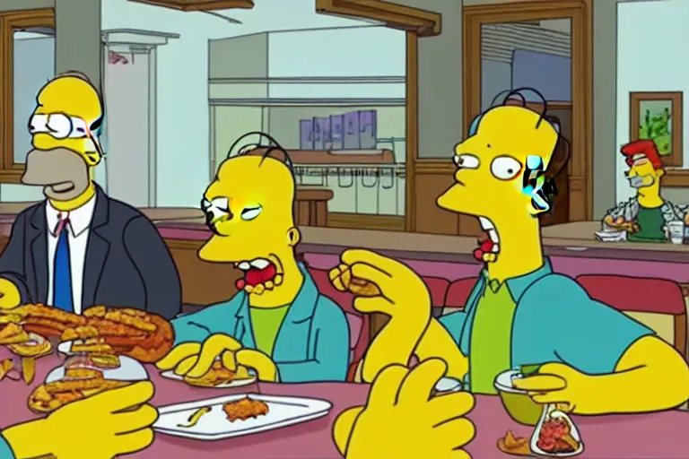 Image similar to still frame from The Simpsons, Superintendent Chalmers and Principal Skinner sitting at a table eating hamburgers