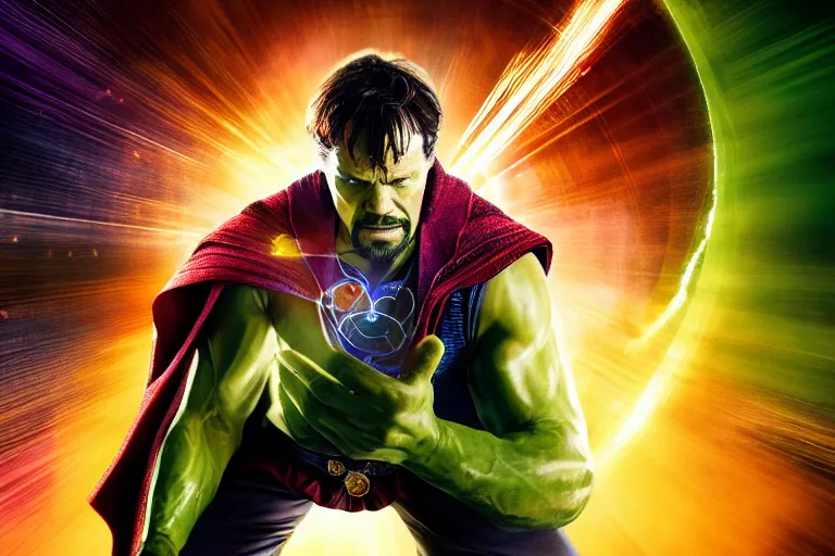 Image similar to photograph of the hulk wearing doctor strange's cape, straining his muscles, on a background full of magic, photography, dramatic, cinematic