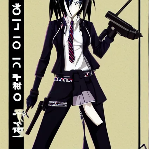 Image similar to mukuro ikusaba from danganronpa holding a gun, clean lines