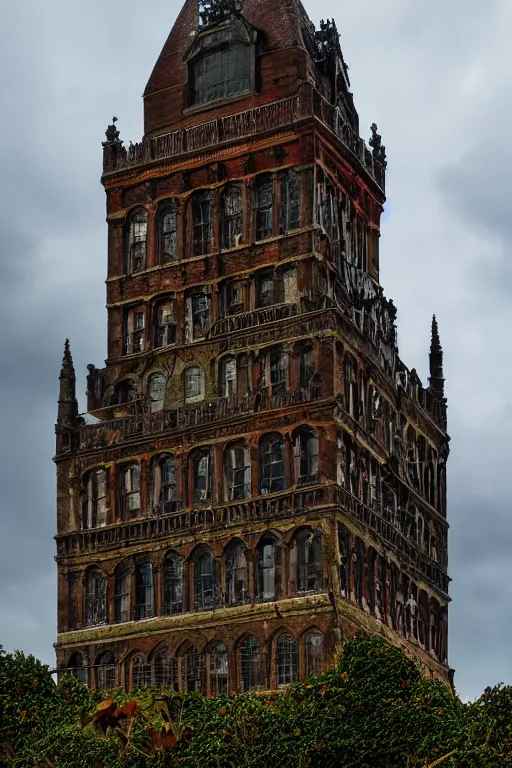 Prompt: view of the old tower and its gardens after a storm, tall windows lit up, beautiful ornamental architecture, dramatic cinematic lighting, rich colors, by Caspar David Friedrich and Diego Rivera, smooth, sharp focus, extremely detailed, featured on artstation