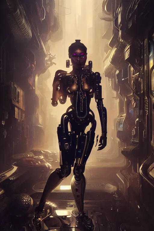 Image similar to ultra realistic, beautiful female cyborg in a crowded smoky cyberpunk club in space megalopolis, sci-fi, intricate details, eerie, highly detailed, octane render, 8k, art by artgerm and alphonse mucha and greg rutkowski