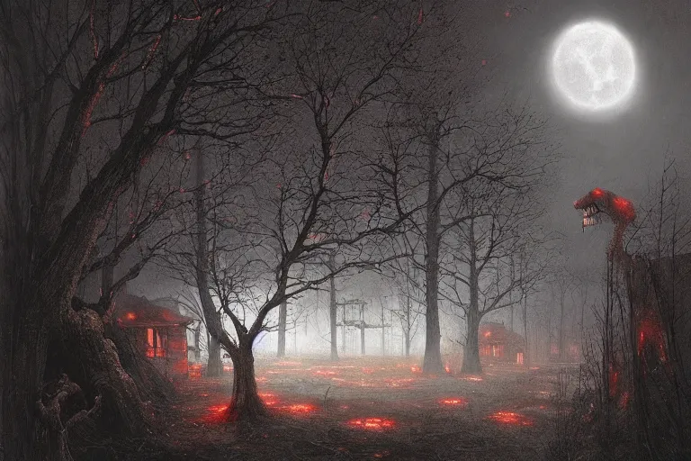 Prompt: suburban neighborhood, a strange doglike creature, huge with glowing red eyes lurking by a house, a moonlit night, greg rutkowski zdzisław beksinski, detailed matte painting, cinematic, photorealistic, masterpiece