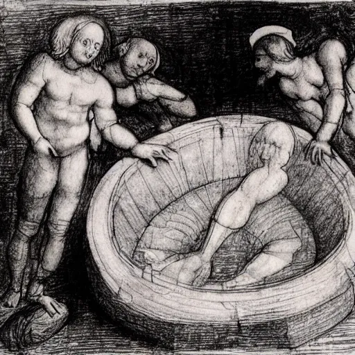 Prompt: sketches from leonardo da vinci's notebook about a hot tub