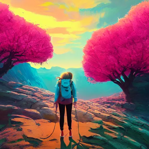 Image similar to giant cherry blossom as a head, girl hiking in a canyon, surreal photography, sunrise, dramatic light, impressionist painting, colorful clouds, digital painting, artstation, simon stalenhag