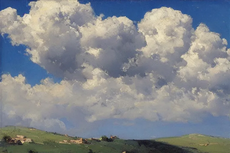 Prompt: “ thick cumulus clouds above an italian landscape, simon pasini ”