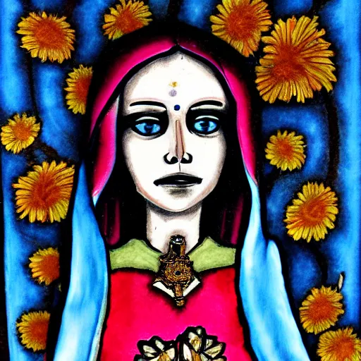 Image similar to nuestra senora de la santa muerte, mixed media