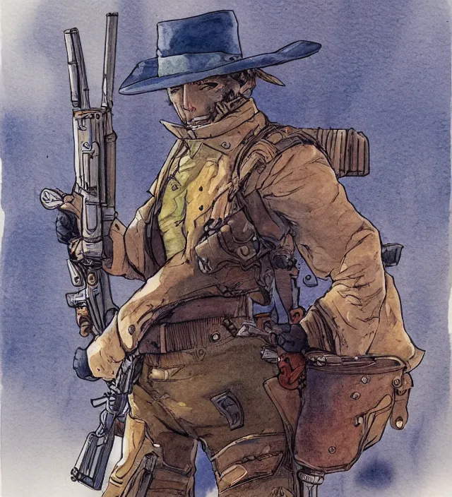 Image similar to a watercolor ink painting of an anthropomorphic bunny mercenary / gunslinger posing with their revolver - rifle in the style of jean giraud in the style of moebius trending on artstation deviantart pinterest detailed realistic hd 8 k high resolution