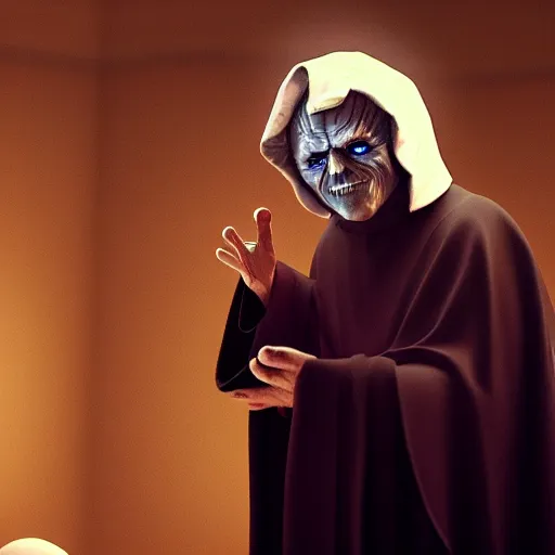 Image similar to emperor palpatine preaching to people at church, 8k cinematic lighting, very sharp detail, anatomically correct