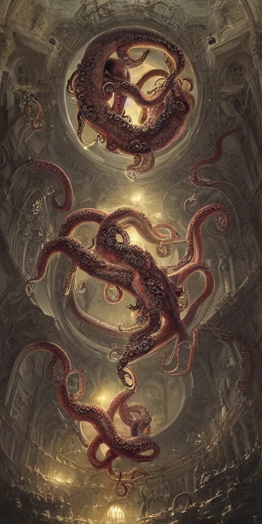 Image similar to magic fight of colorful Ouroboros and enormous octopus floating around inside an ancient mage castle hall colossal scale, gothic and baroque, brutalist architecture, ultradetailed, intricate details by Ellen Jewett and Ayami Kojima