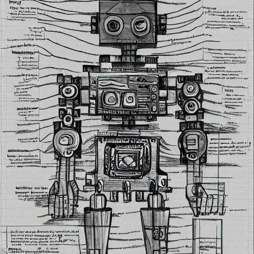 Prompt: how to build a robot, da vinci notes sketch, ultradetailed