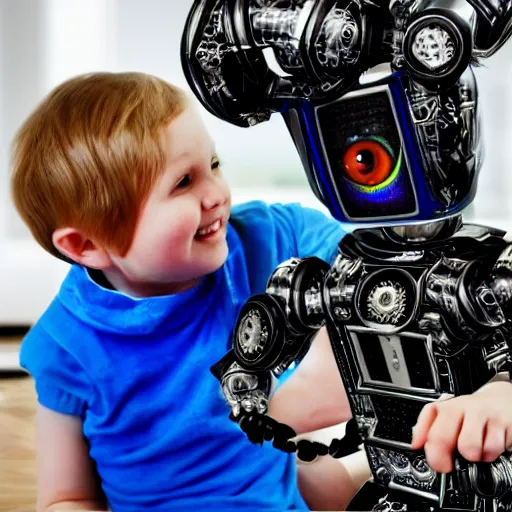 Image similar to robot with a human pet , award winning photograph , realistic , 4k , HD , focus