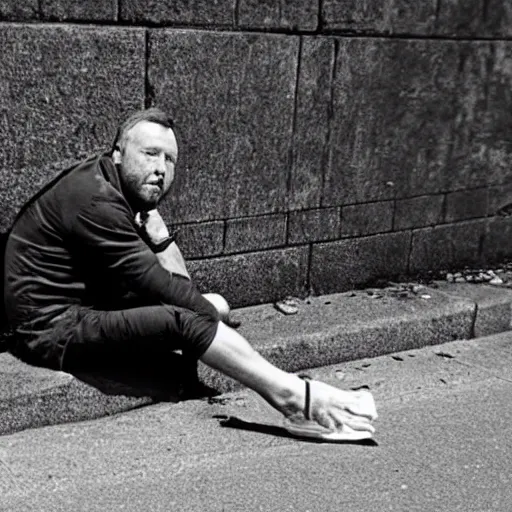 Image similar to close up of alex jones begging for money on the side of the road, award winning press photo