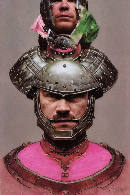 Prompt: head and torso portrait of jocko willink as huge warrior wearing plate armour and cape, dynamic action, pink and green, by lawrence alma tadema and zdzislaw beksinski and norman rockwell and tom lovell and greg staples and john william waterhouse