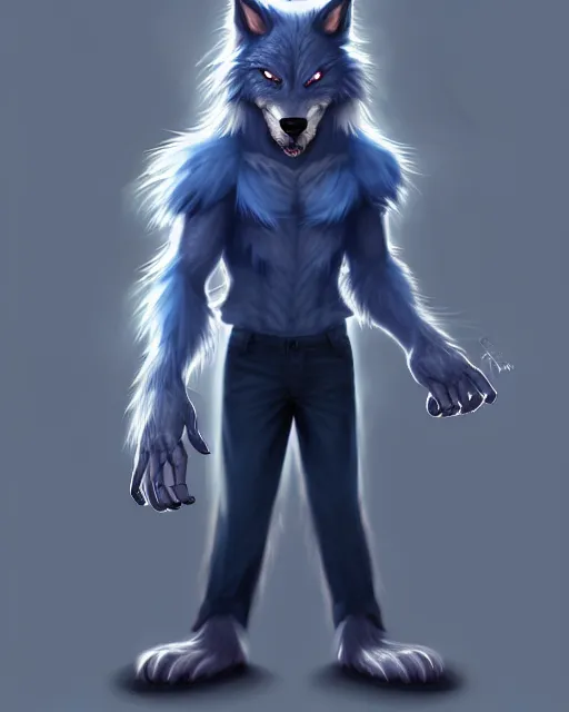 Image similar to character concept art, cute adult male anthropomorphic furry, cute fine face, darkblue werewolf, pants, pretty face, key visual, long human lightblue hair, realistic shaded furry face, fine details by stanley artgerm lau, wlop, rossdraws, james jean, andrei riabovitchev, marc simonetti, and sakimichan