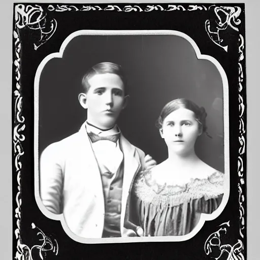 Prompt: antique black and white photograph of a young couple, studio lighting, cardboard cutout backgrounf 1 8 7 6