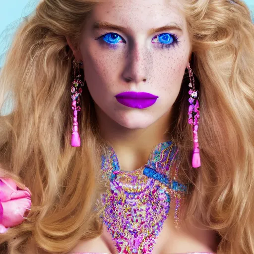 Image similar to close up headshot of a princess with long blonde hair and (blue) eyes wearing a strapless elaborately beaded pink dress, high resolution film still, 8k, HDR color, film by Simon Langton and David Frankel, triangular face, (freckles), round narrow chin, straight jawline, light pink lipstick