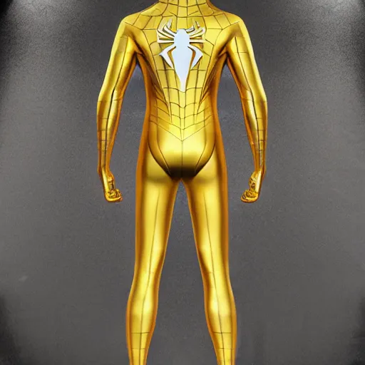 Image similar to gold spider - man suit with black web lining, cinematic, volumetric lighting, realistic, hyperdetailed, photorealistic, photograph