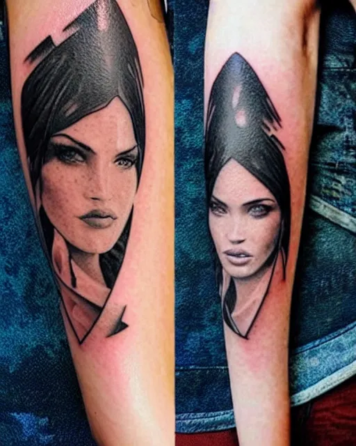 Image similar to creative double exposure effect tattoo design sketch of megan fox faded with beautiful mountain scenery, realism tattoo, in the style of matteo pasqualin, amazing detail, sharp