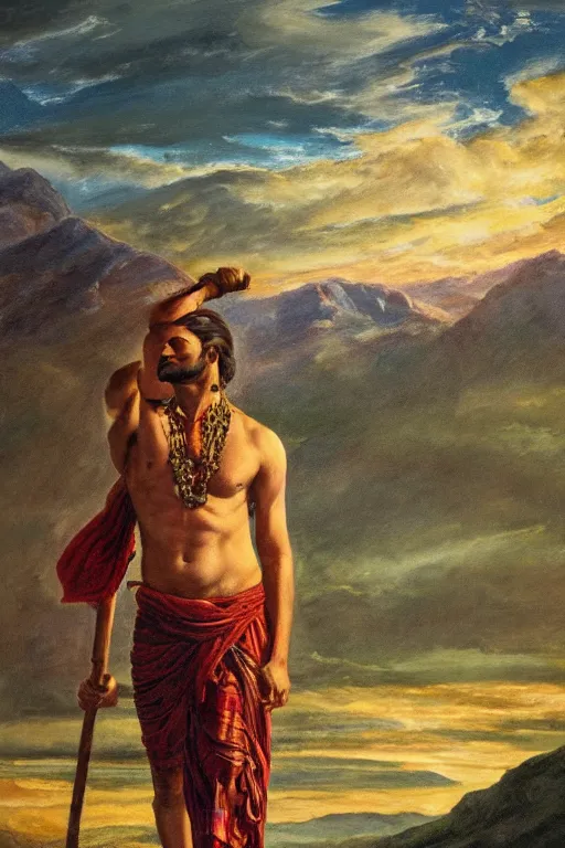 Prompt: an ethereal dramatic epic beautiful painting of a shirtless handsome desi man | he is wearing a green plaid kilt and cowboy hat, and holding a walking stick | background is mountains and clouds | dramatic lighting, golden hour, homoerotic | by mark maggiori, by walter crane | trending on artstation