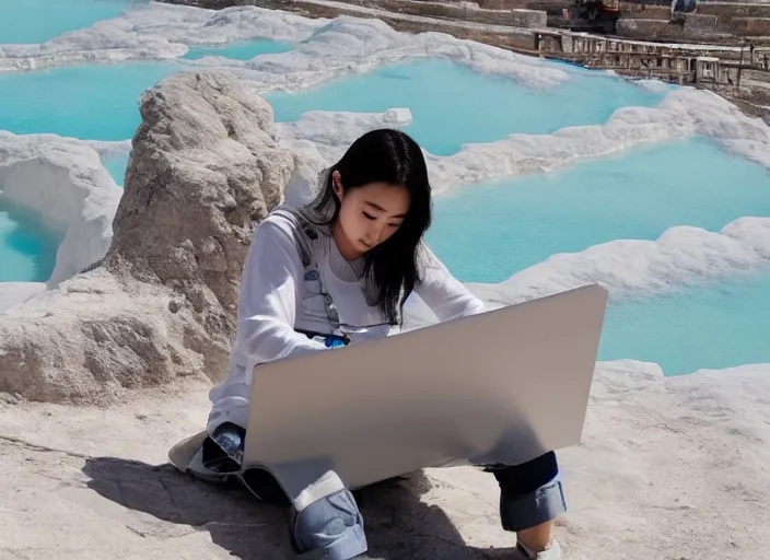 Prompt: Lee Jin-Eun hacking a laptop at Pamukkale by WLOP, rule of thirds, seductive look, beautiful, masterpiece, Refined