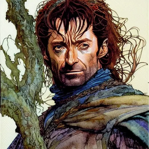 Image similar to a realistic and atmospheric watercolour fantasy character concept art portrait of hugh jackman as a druidic warrior wizard looking at the camera with an intelligent gaze by rebecca guay, michael kaluta, charles vess and jean moebius giraud