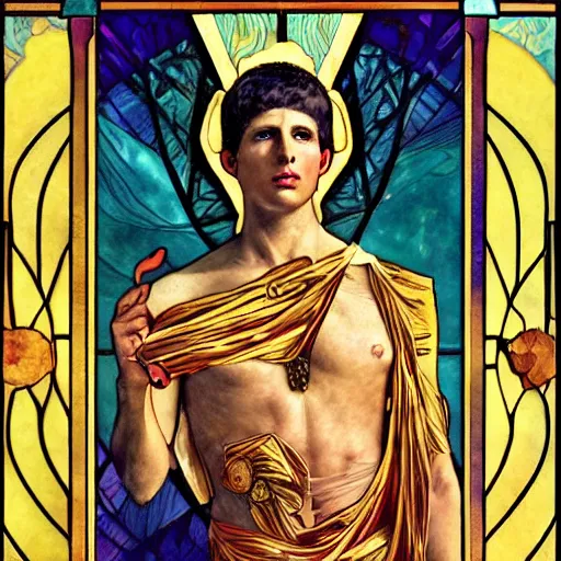 Image similar to a dramatic ethereal epic symmetrical painting of a handsome augustus caesar | tarot card, art deco, art nouveau, steampunk, realistic | by louis comfort tiffany and alphonse mucha | trending on artstation