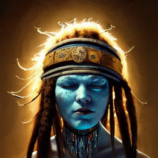 Image similar to A young blindfolded shaman woman with a decorated headband, in the style of heilung, blue hair dreadlocks and wood on her head, atmospheric lighting, intricate detail, cgsociety, ambient light, dynamic lighting, art by karol bak