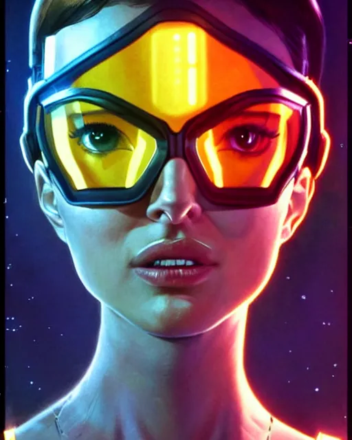 Prompt: natalie portman as tracer from overwatch, see through glass hologram mask, character portrait, portrait, close up, concept art, intricate details, highly detailed, vintage sci - fi poster, retro future, vintage sci - fi art, in the style of chris foss, rodger dean, moebius, michael whelan, and gustave dore