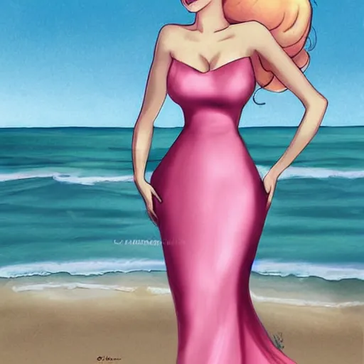 Image similar to beautiful princess peach in a skintight pink satin prom dress on the beach drawn by charlie bowater