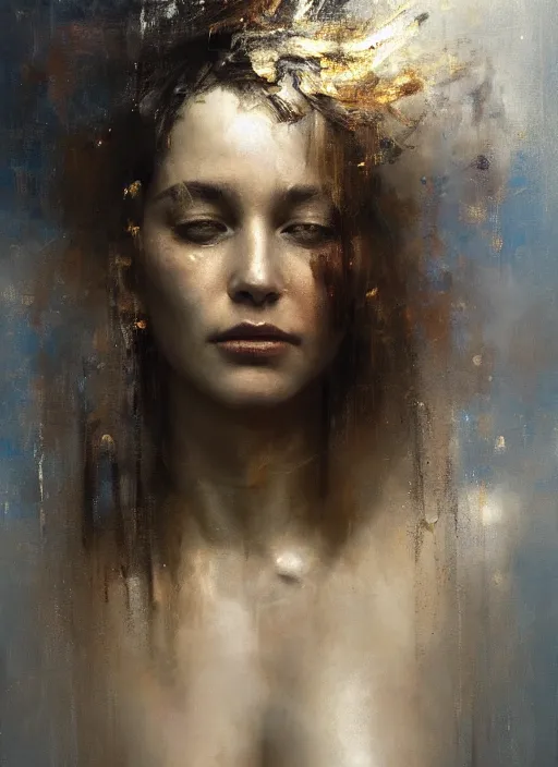 Image similar to portrait of goddess of love hovering, her body obscured by silver clouds, her eyes flaming with gold, her hair flowing and her face stern, by Jeremy Mann, stylized, detailed, loose brush strokes, warm tones, realizing, beautiful face