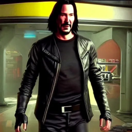 Image similar to Keanu Reeves facepalming over how bad Cyberpunk 2077 was