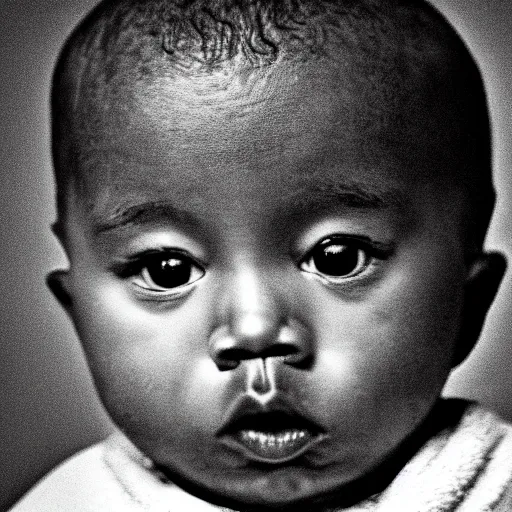 Image similar to Portrait studio photograph of baby Kanye West with a anthropomorphic teddy bear, close up, shallow depth of field, in the style of Felice Beato, Noir film still, 40mm