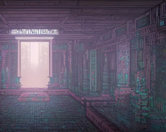 Prompt: interior of a long forgotten asian temple, pixel art, brutalism, art by dan mumford, volumetric lighting, 8 k