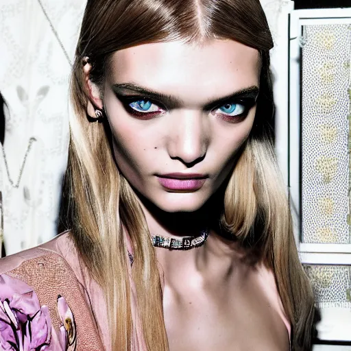 Image similar to A beautiful portrait of Lily Donaldson as a model at Versace fashion show Spring/Summer 2009, highly detailed, in the style of cinematic, fashionweek backstage,makeup by Pat Mcgrath, Shot by Terry Richardson
