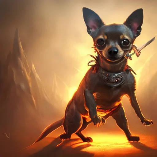 Image similar to tan coloured chihuahua Dog, battle armour, Anthropomorphized, casting epic spell, magic the gathering artwork, D&D, fantasy, cinematic lighting, centered, symmetrical, highly detailed, digital painting, artstation, concept art, smooth, sharp focus, illustration, volumetric lighting, epic Composition, 8k, art by Akihiko Yoshida and Greg Rutkowski and Craig Mullins, heroic pose, oil painting, cgsociety, magic lab background