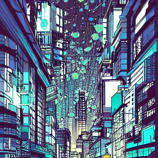 Image similar to a cyberpunks city drawn in the style of Hirohiko Araki, coloured, raining. Wires hanging from buildings. Dark tone, moonlight, stars