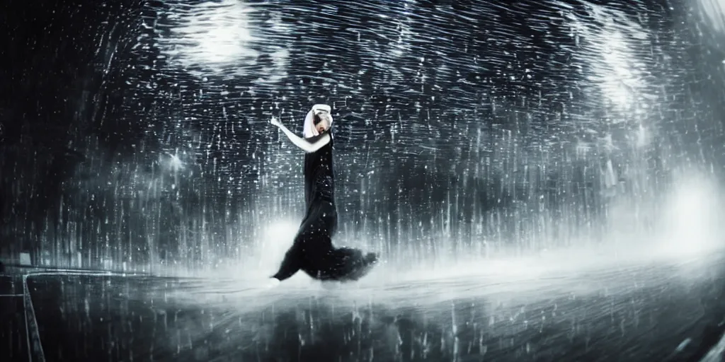 Image similar to fisheye lens slow motion with trail effect of futuristic break dancer wearing floating long dress, long exposure shot , at night in the middle of a rainy street, paddle of water, steam, fog, water splashes, rim lights, glossy reflections, water droplets on lens, octane render, dark and dramatic, explosion in the background, detailed and soft, fisheye lens, smooth, sharp focus, illustration, art by artgerm and greg rutkowski