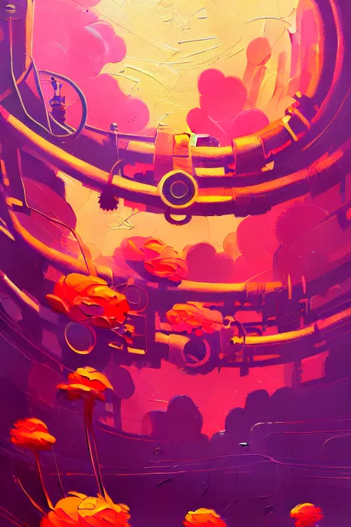 Image similar to a graph style gauche impasto oil paint flowers, steampunk art by james gilleard, cgsociety, retrofuturism, synthwave, retrowave, outrun, autumn color.
