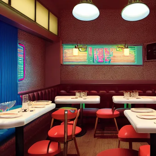 Image similar to retro restaurant, iridescent, mood lighting, 8 k, cinematic